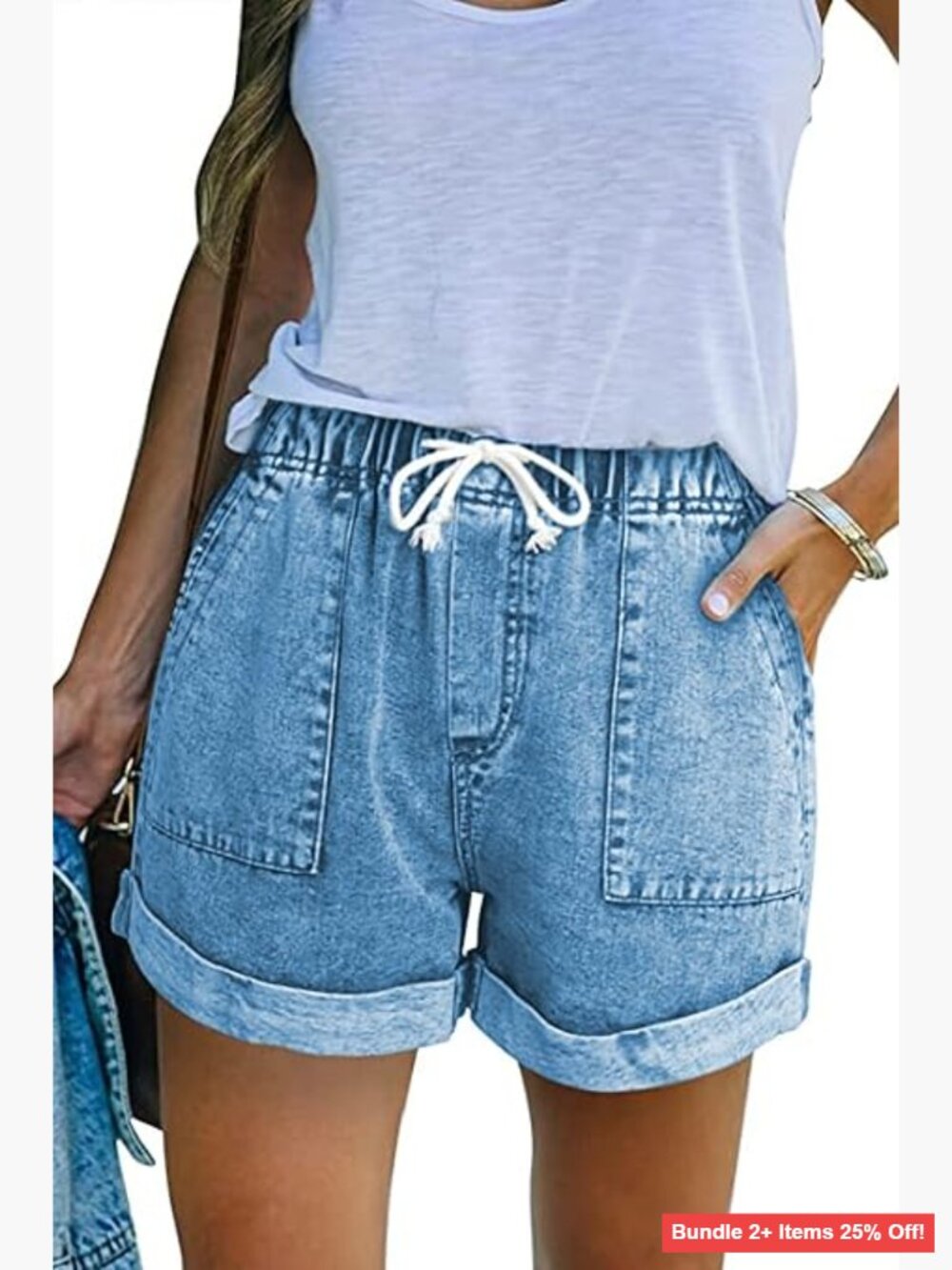 Denim Shorts with Drawstring Waist and Pockets, Size Small, Casual Summer Wear
